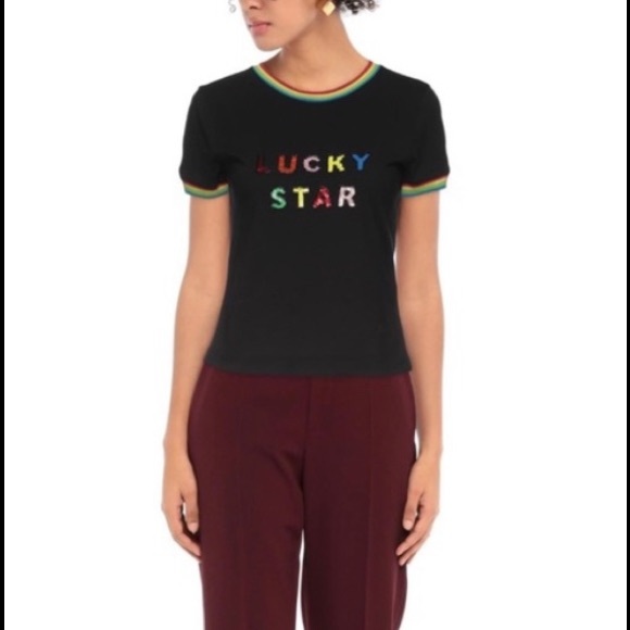 Alice + Olivia Rainbow Sequined LUCKY STAR T-Shirt - XS - NWT - Black/Multi - Picture 4 of 9